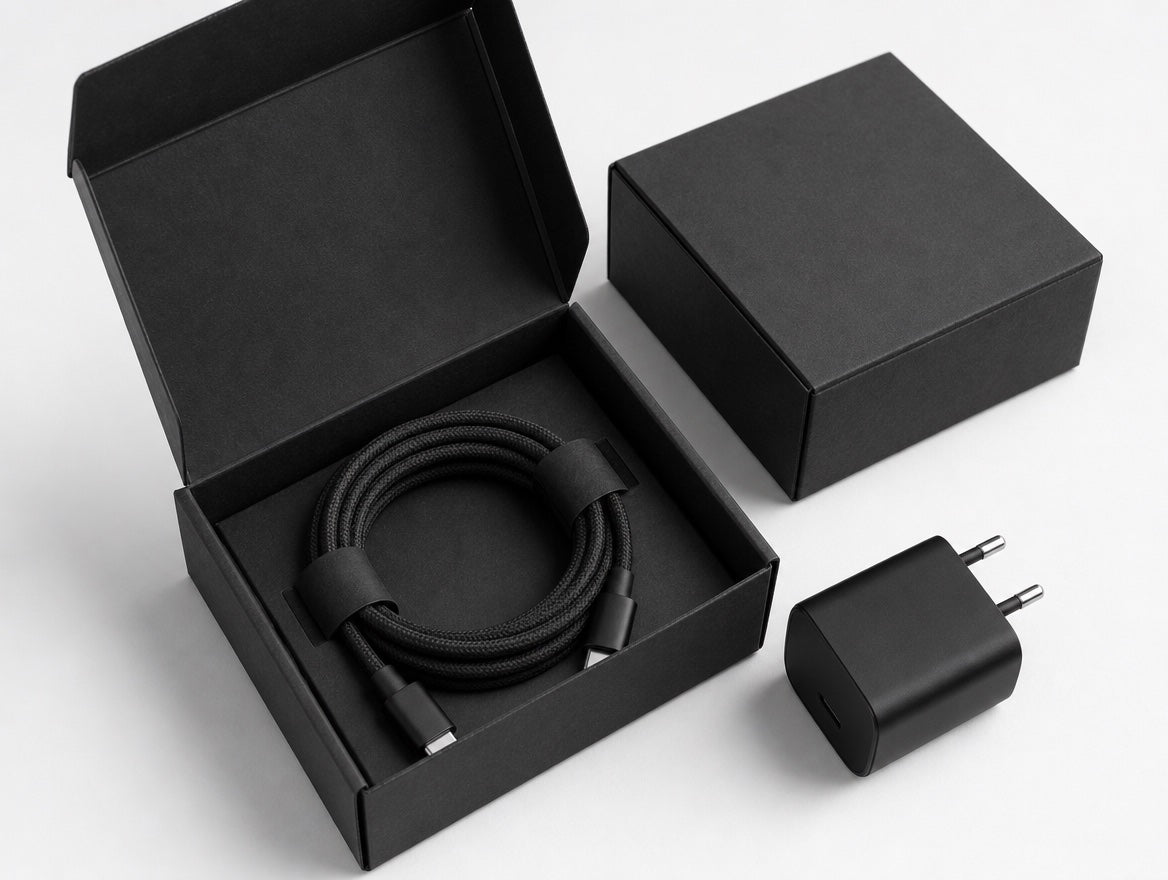 Recyclebare SYVOX-verpakking met opgerolde kabel en lader