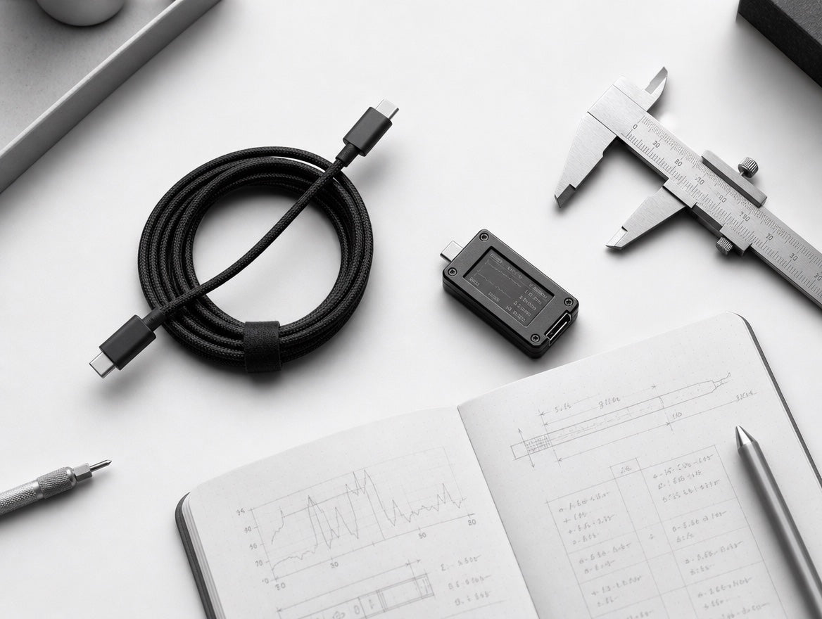 De SYVOX-testbank: kabel, vermogensmeter, schuifmaat en meetnotities