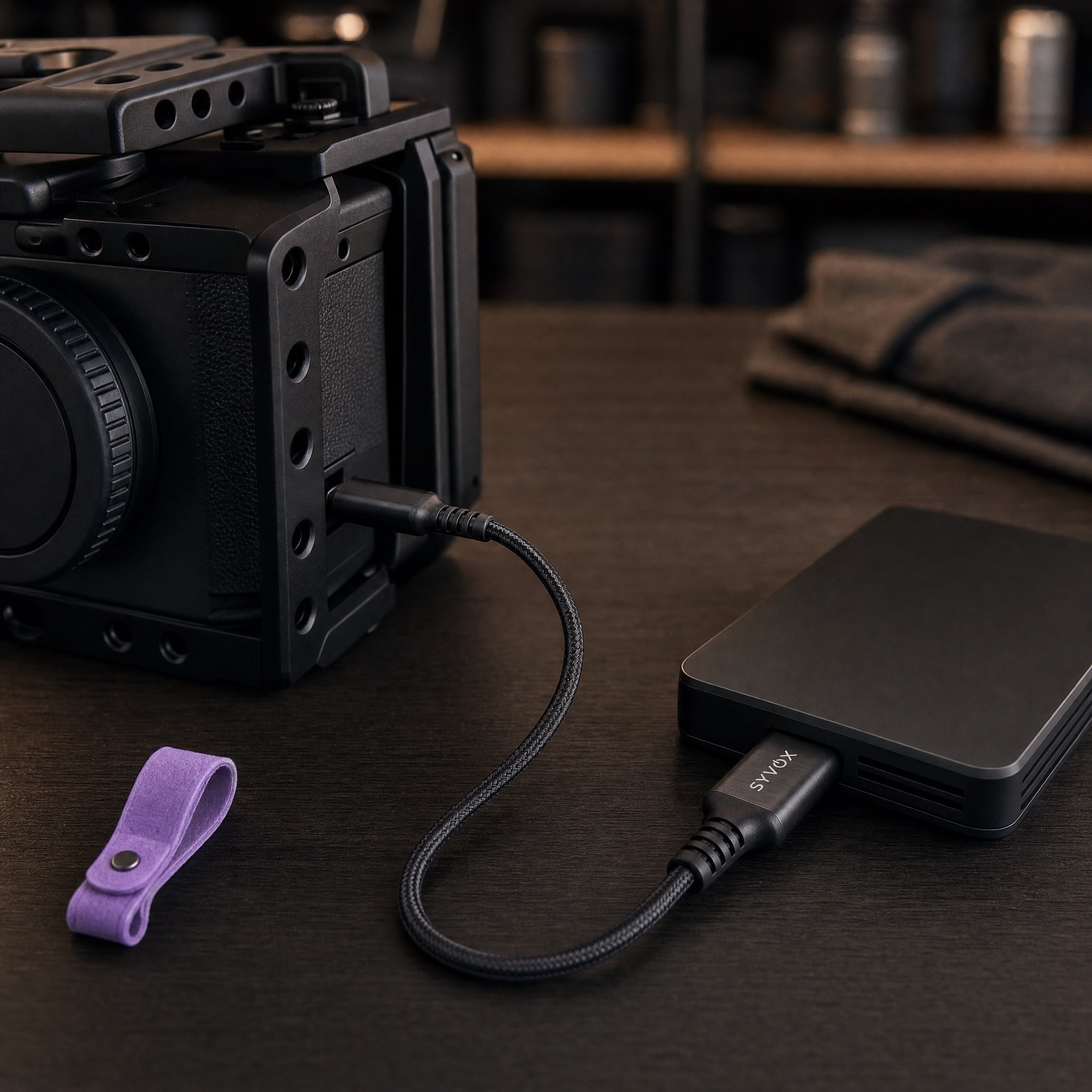 Cinemacamera gekoppeld aan een portable SSD via de Elite-kabel