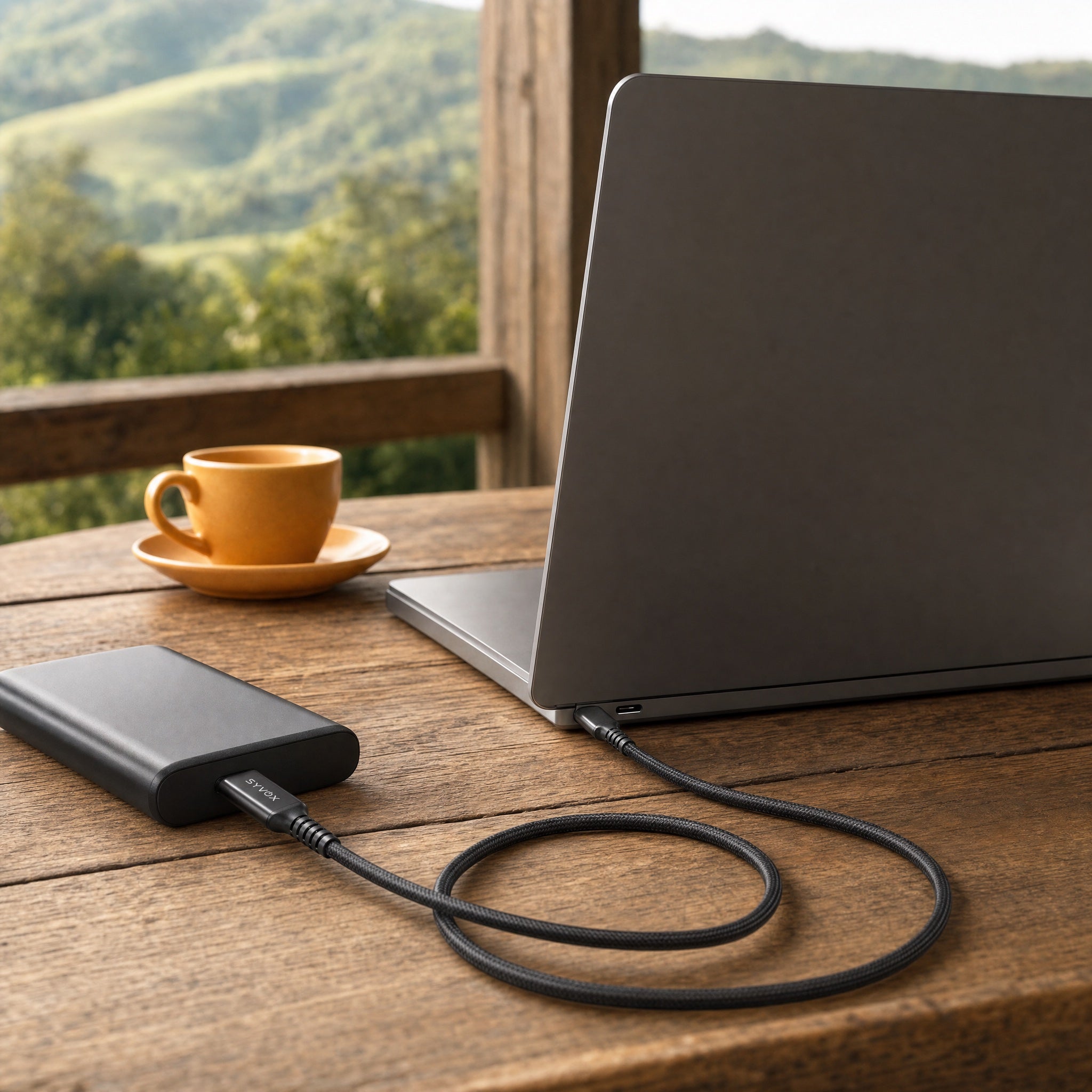 Laptop en powerbank op een houten terras met uitzicht