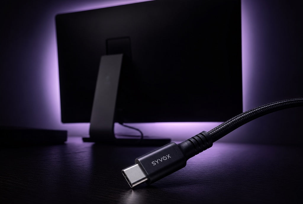 Elite-kabel voor een studiodisplay met violette achtergrondverlichting