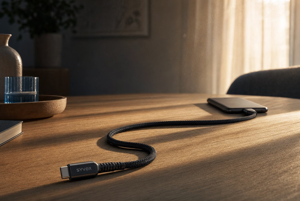 Essential-kabel op een houten eettafel, telefoon laadt in het middaglicht